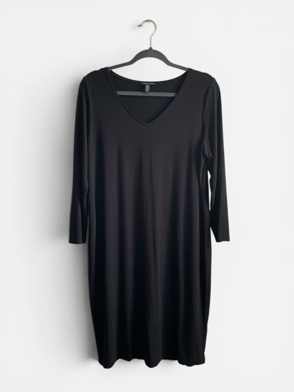 Eileen Fisher Black Jersey Knit Midi Dress V Neck Long Sleeve Size Large